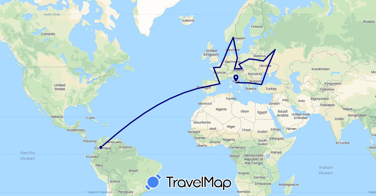 TravelMap itinerary: driving in Austria, Colombia, Czech Republic, Germany, Spain, France, Italy, Netherlands, Norway, Poland, Russia, Turkey, Ukraine (Asia, Europe, South America)