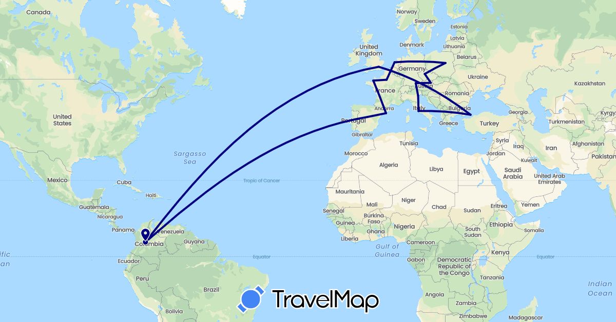 TravelMap itinerary: driving in Austria, Colombia, Czech Republic, Germany, Spain, France, United Kingdom, Italy, Netherlands, Poland, Turkey, Vatican City (Asia, Europe, South America)