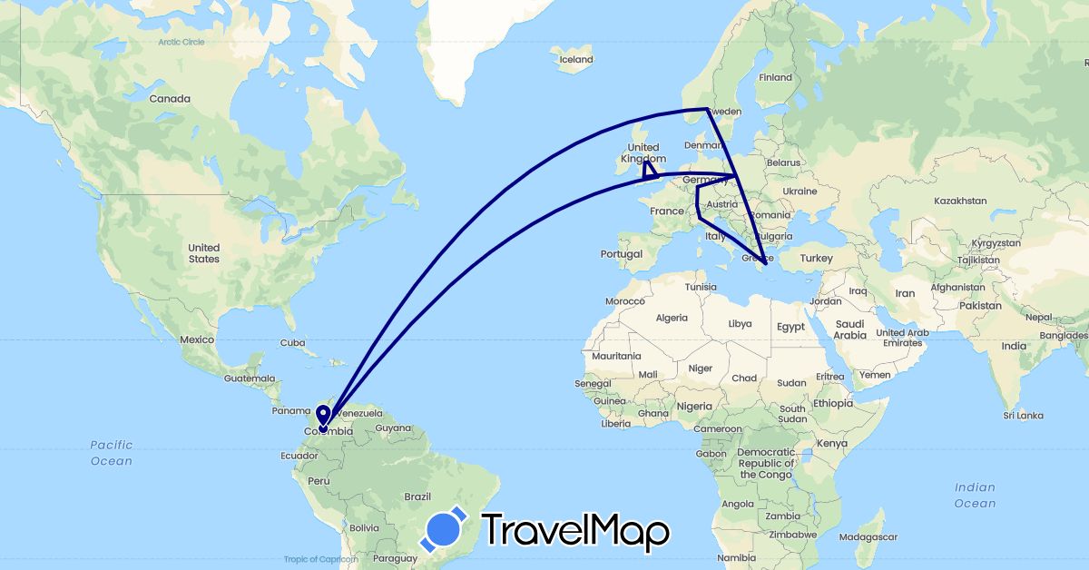 TravelMap itinerary: driving in Switzerland, Colombia, Germany, United Kingdom, Greece, Italy, Norway, Poland (Europe, South America)