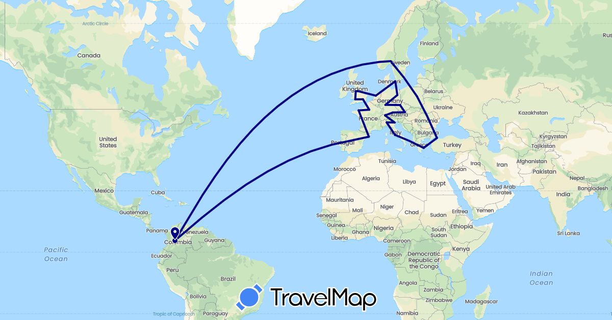 TravelMap itinerary: driving in Austria, Switzerland, Colombia, Czech Republic, Germany, Denmark, Spain, France, United Kingdom, Greece, Italy, Netherlands, Norway, Poland, Turkey, Vatican City (Asia, Europe, South America)